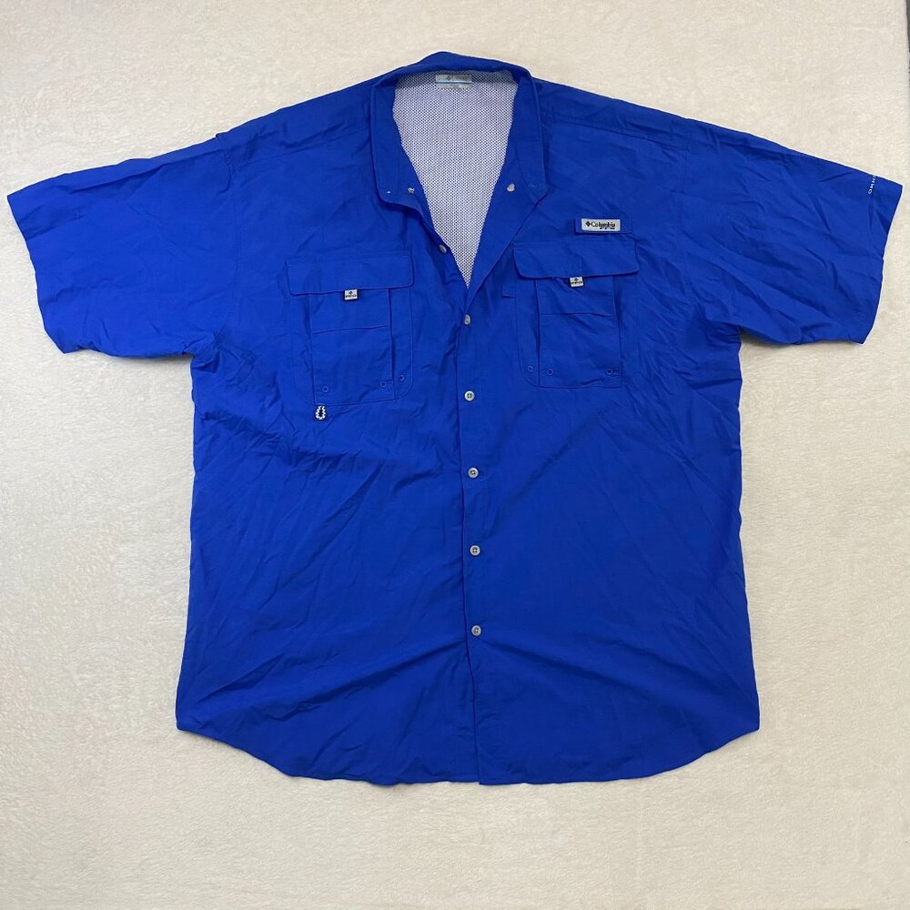 Columbia PFG Omni-Shade Mens Blue Tall 2XT Short Sleeve Vented Fishing Shirt